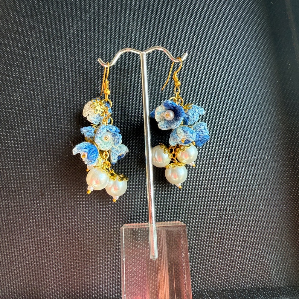 Elegant Blue and Gold Floral Earrings handmade crochet